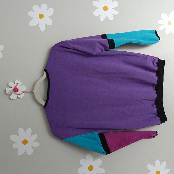Vintage 80's Retro Purple, Pink, & Turquoise With Black Trim Color-Block Sweater - Picture 2 of 8